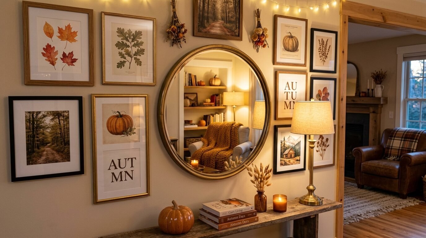 A gallery wall with framed autumn prints, a round gold mirror, and fall decor on a wooden entryway console table.