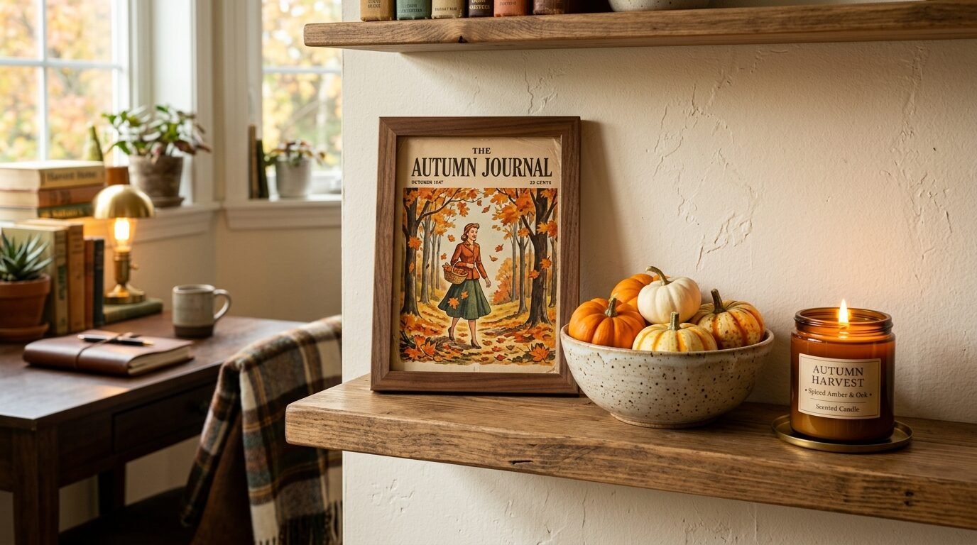 A rustic wooden shelf holds a framed vintage-style illustration of a woman in a forest, a speckled bowl of small pumpkins, and a lit spiced candle.