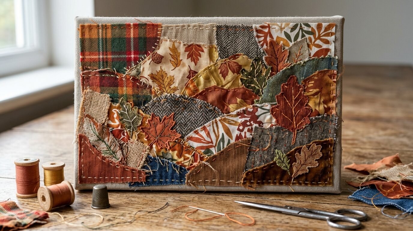 Handcrafted fall themed collage on canvas featuring stitched fabric swatches of leaves, plaid, and corduroy textures.