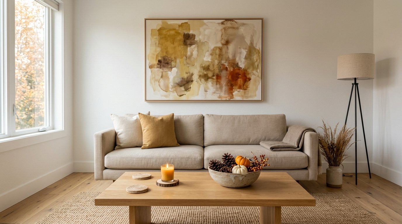 A beige sofa sits in a bright room featuring fall-themed pinecones, small pumpkins, and an abstract earthy painting.