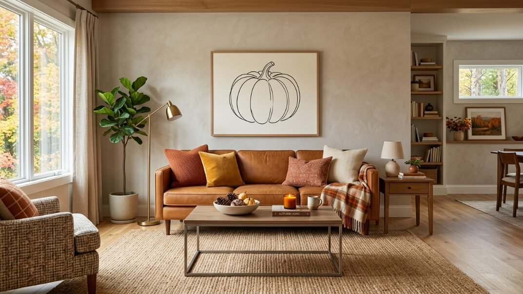 Modern living room with leather sofa, pumpkin line art, and autumn-themed decor.