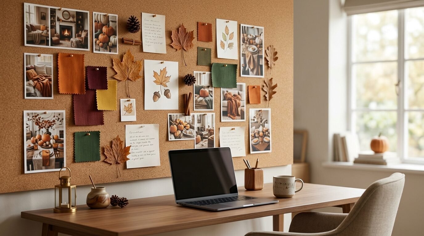 Cork board decorated with fall photos, fabric swatches, dried leaves, and acorn illustrations above a wooden desk with a laptop.