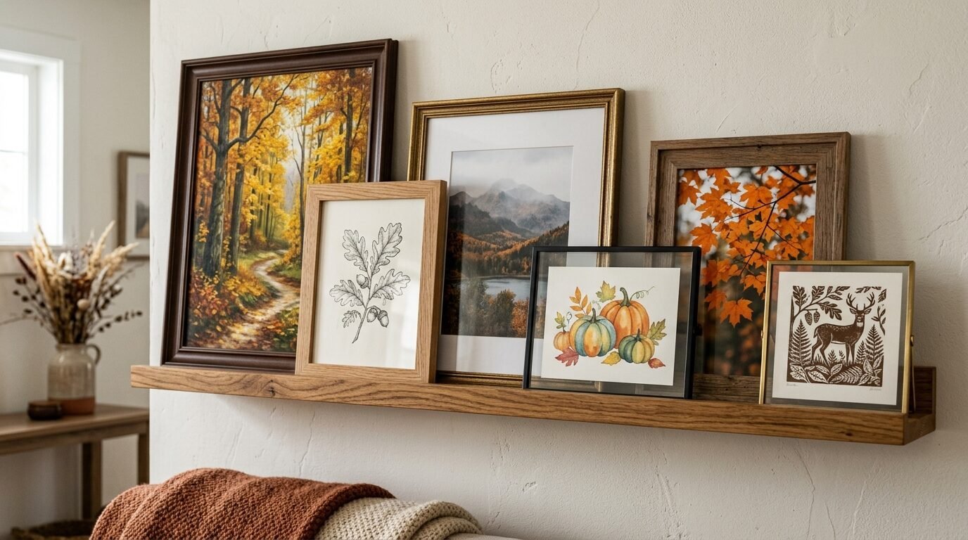 Wooden floating shelf holding various framed pictures of fall landscapes, oak leaves, pumpkins, and a forest deer.