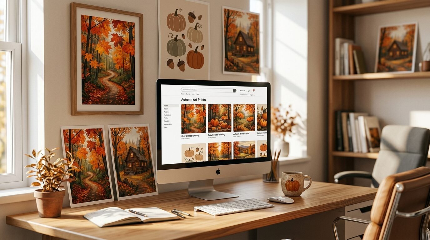 A computer screen showing a website with fall-themed artwork on a wooden desk surrounded by seasonal wall decor.