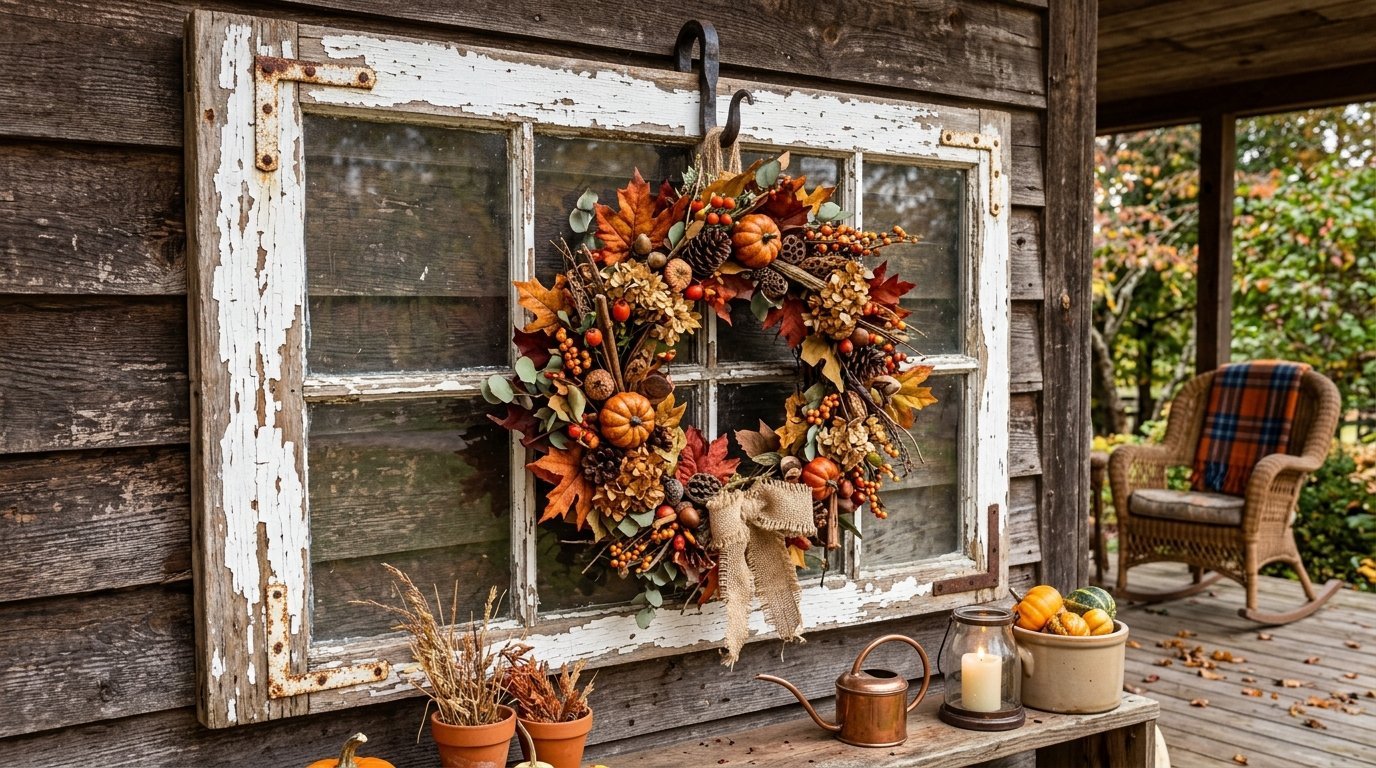 Fall harvest wreath with pumpkins and leaves hanging on an old rustic window frame mounted to wooden siding.