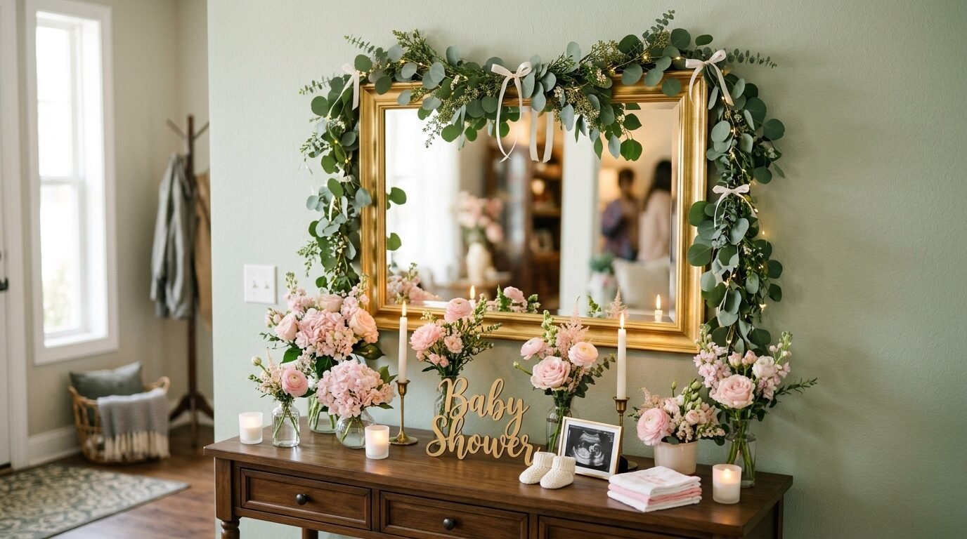 A wooden console table decorated for a baby shower with pink flower arrangements, candles, and a sonogram picture.