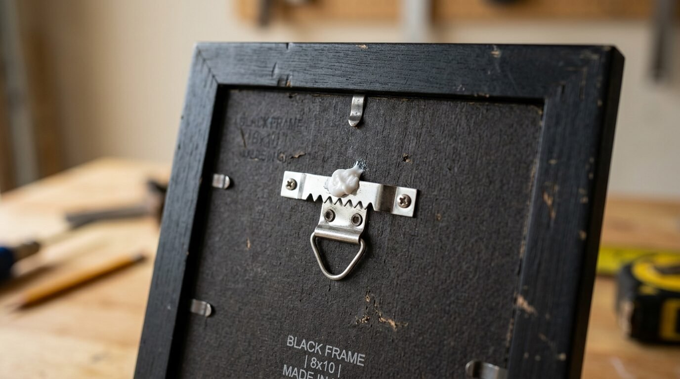 The back of a black 8x10 picture frame showing a mounted metal hardware hanger with white adhesive.