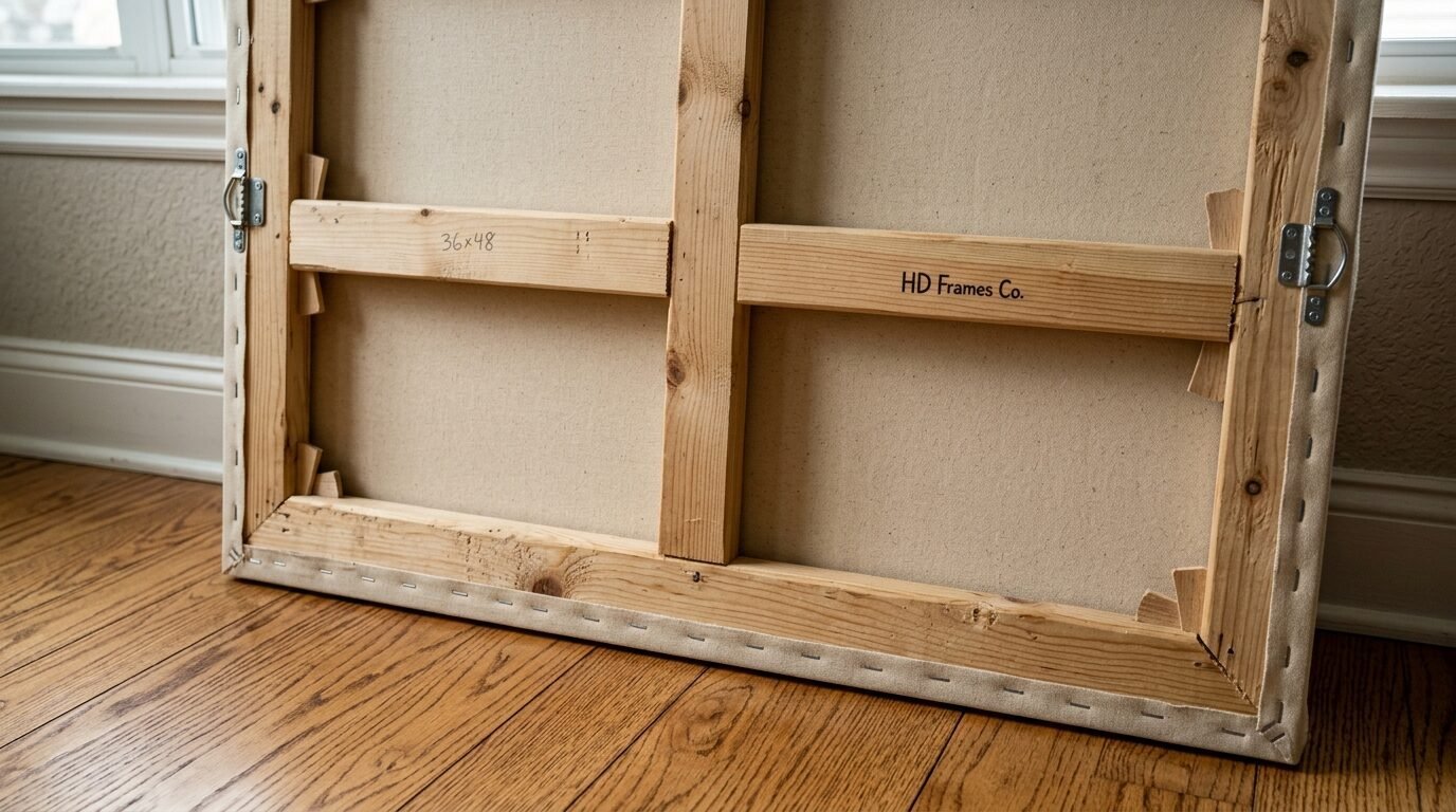 Wooden canvas stretcher bars with staples and d-ring hardware visible on the back of a large painting.