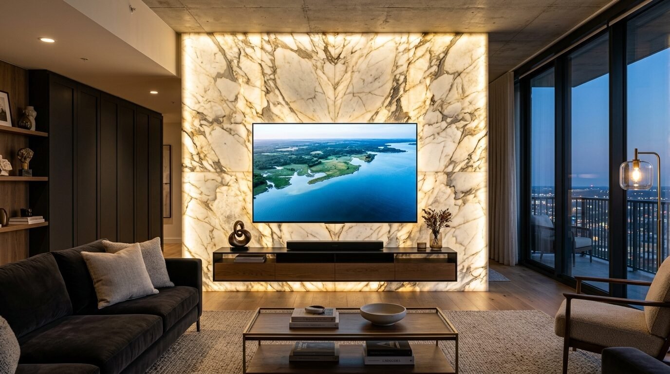 A flat screen television mounted on a floor-to-ceiling backlit marble accent wall in a luxury apartment.