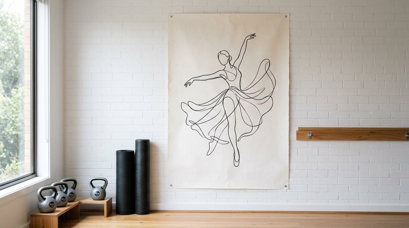 A large canvas wall hanging featuring a continuous black line illustration of a ballerina in a flowing dress.