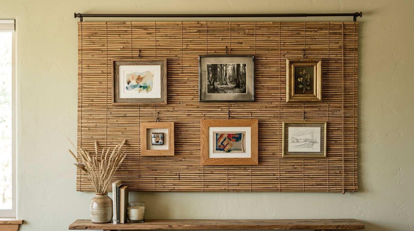 Gallery wall featuring assorted small framed artworks suspended on a natural bamboo roller shade.