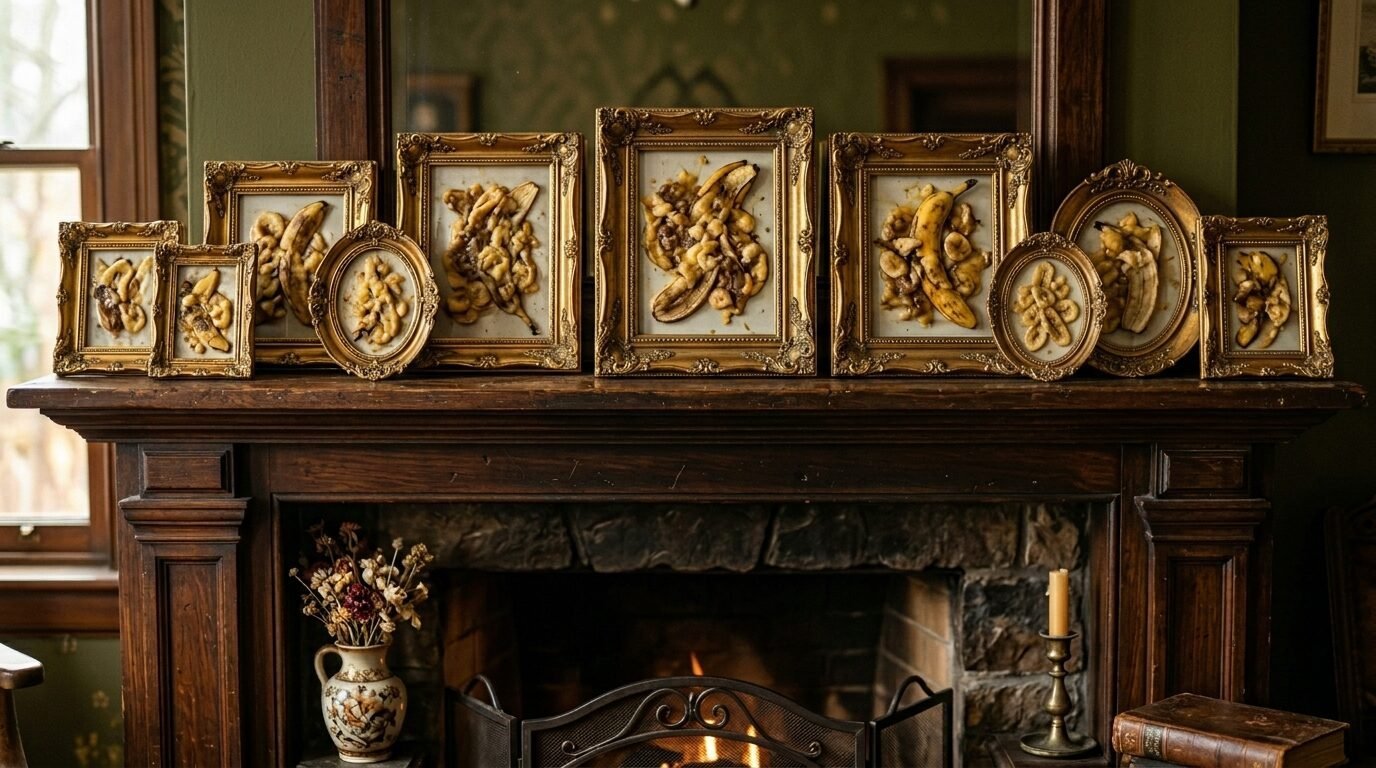 Several ornate gold frames containing arrangements of sliced bananas sitting on a fireplace mantle.
