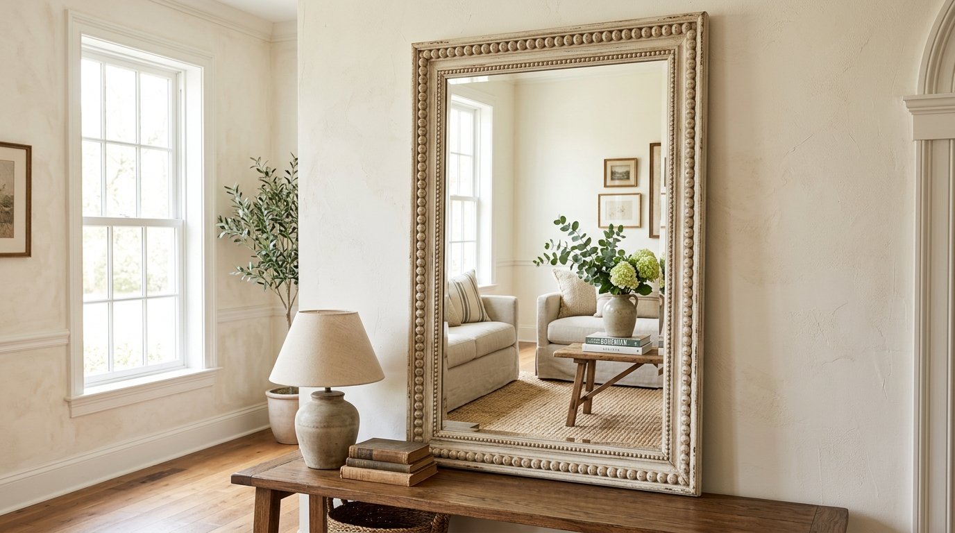 A decorative antique-style mirror with a beaded border reflecting a bright, airy farmhouse living room interior.