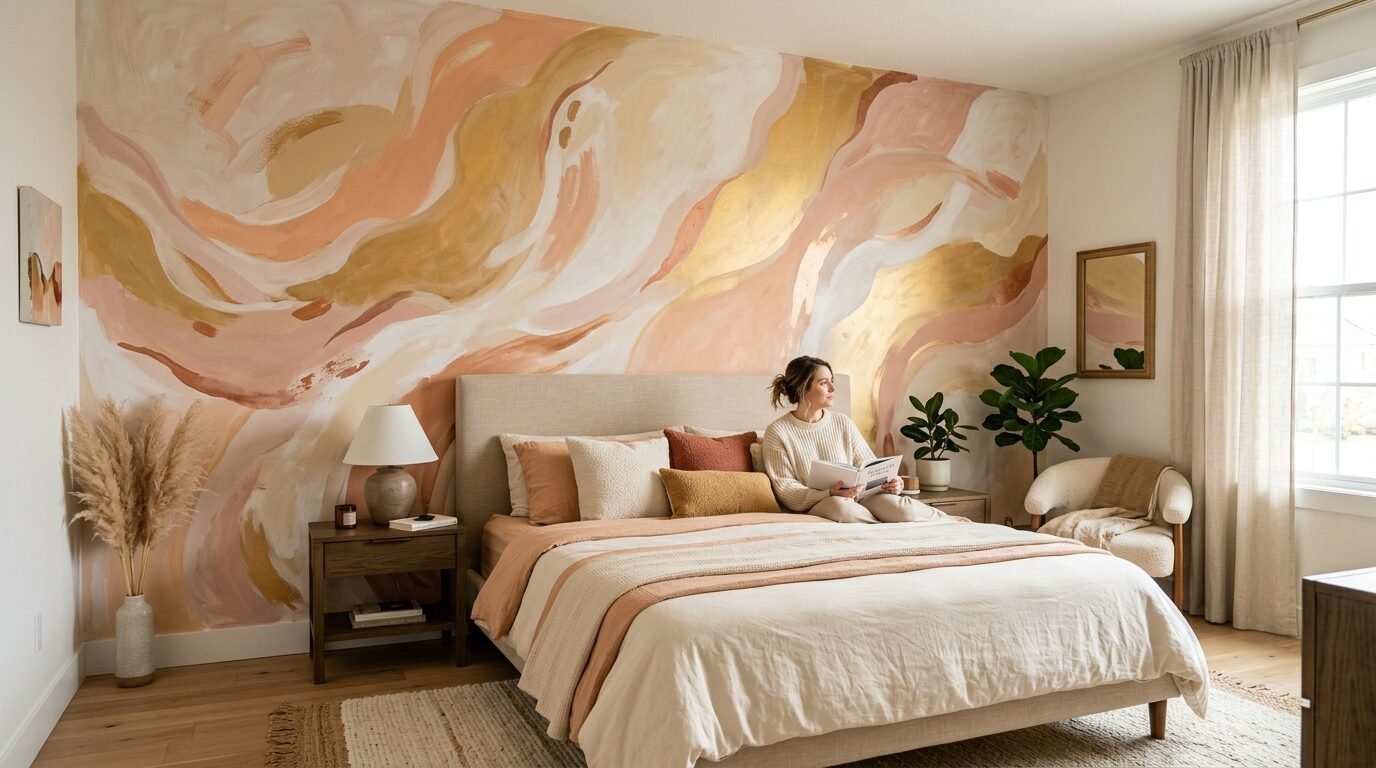 A woman sits on her bed reading a book in a sunlit room with a large painted abstract gold and peach wall mural.