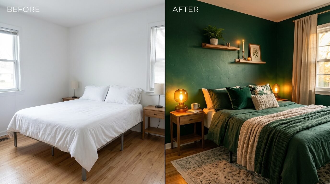 Split view showing a minimalist white bedroom on the left and a warm, moody green bedroom makeover on the right.