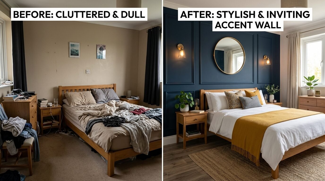 Comparison of a messy bedroom versus a renovated space featuring a blue paneled accent wall and gold mirror.
