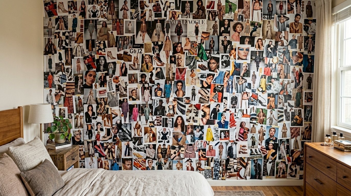 An interior bedroom wall completely decorated with a dense collage of diverse fashion magazine pages and photos.