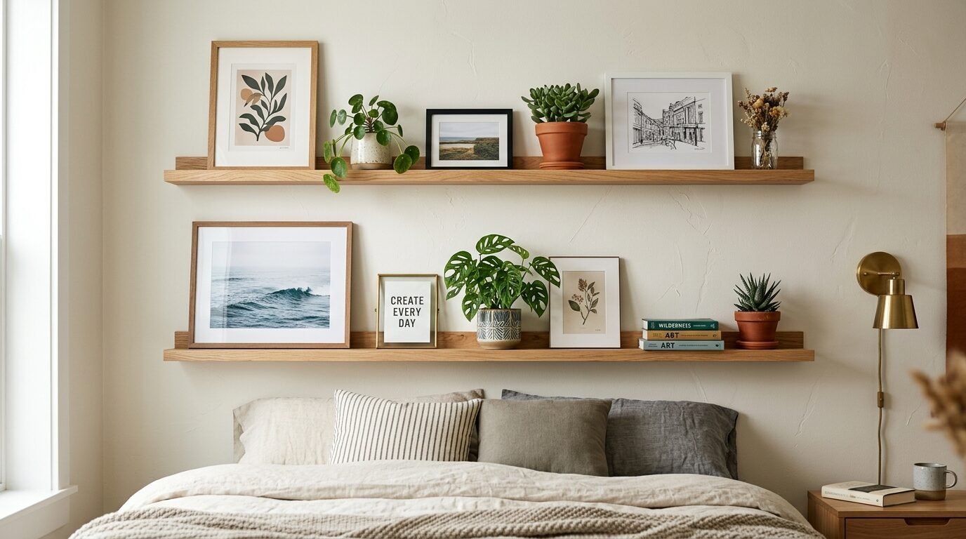 Two horizontal wood shelves featuring potted plants, framed art prints, and books positioned over a made bed.