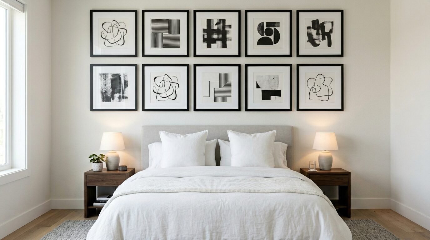 A bed with white bedding centered below ten framed abstract black and white art prints on a light wall.