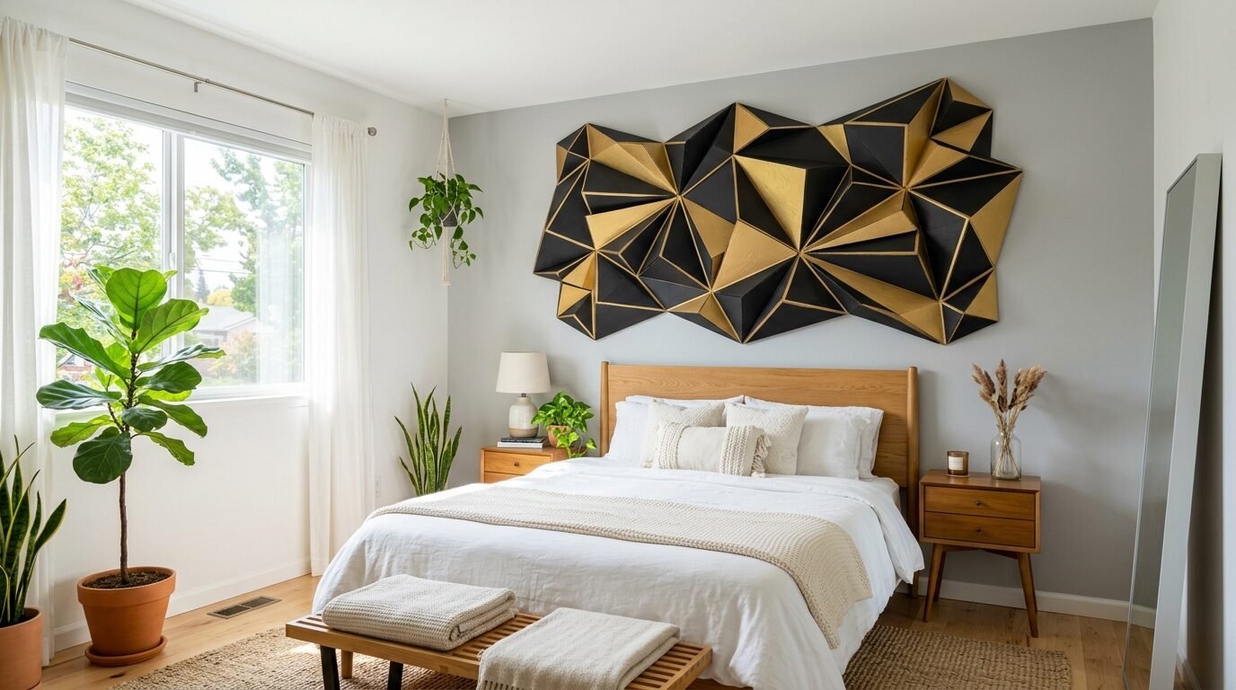 A bed with white bedding beneath a large abstract geometric art piece in gold and black on a grey wall.
