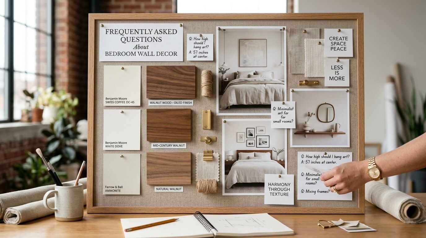 Close-up of a cork mood board displaying bedroom design photos, paint swatches, wood samples, and decor tips.