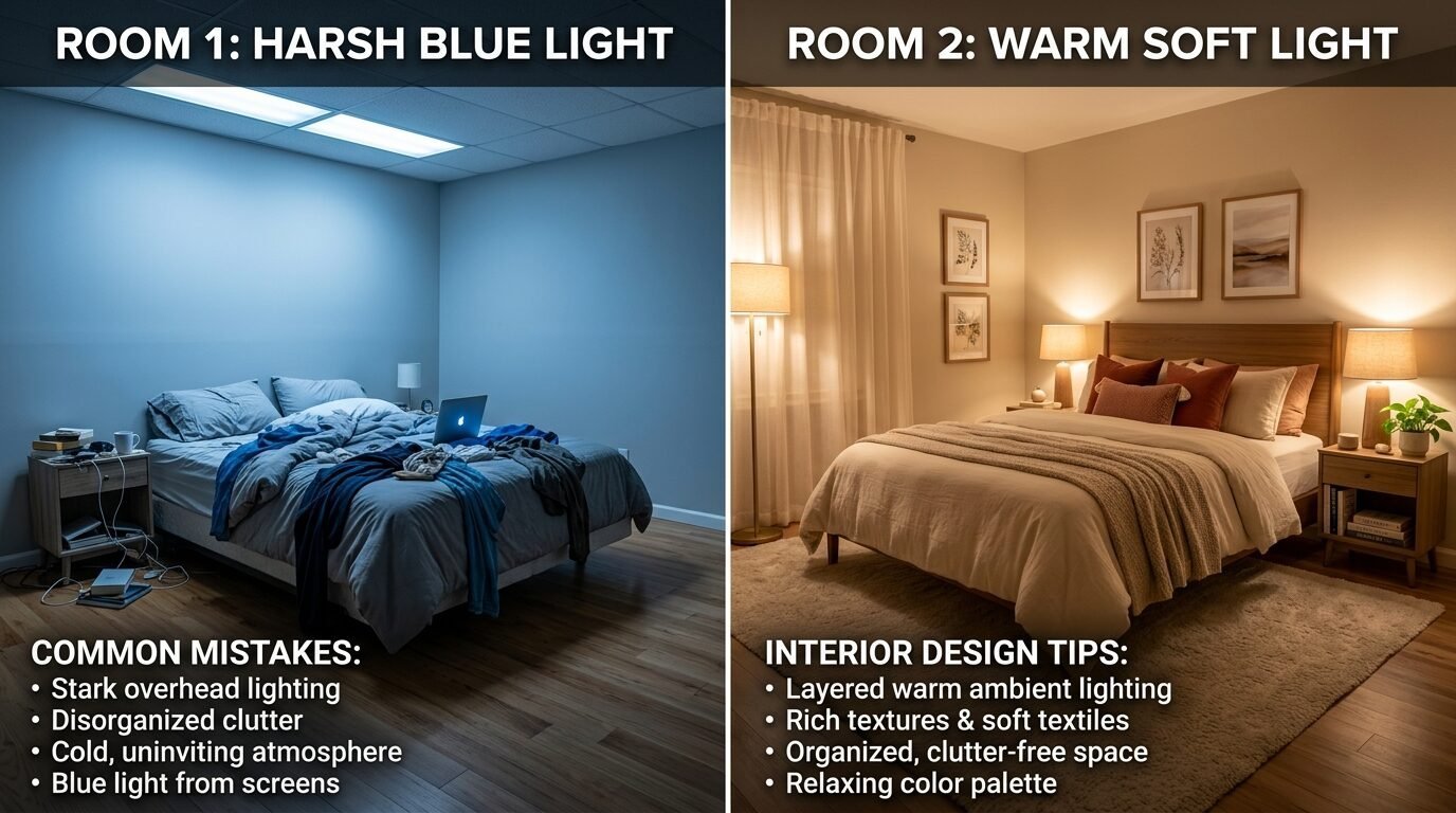 Split screen showing a cluttered blue-lit bedroom versus a neat, warm-toned cozy bedroom design.
