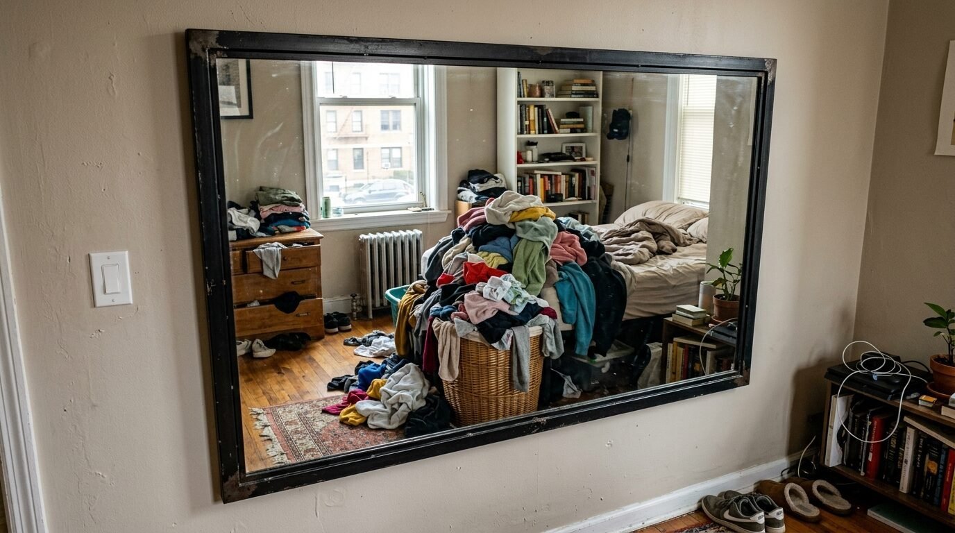 Large wall mirror reflection showing an unmade bed, piles of laundry, and a bookshelf in a bedroom.