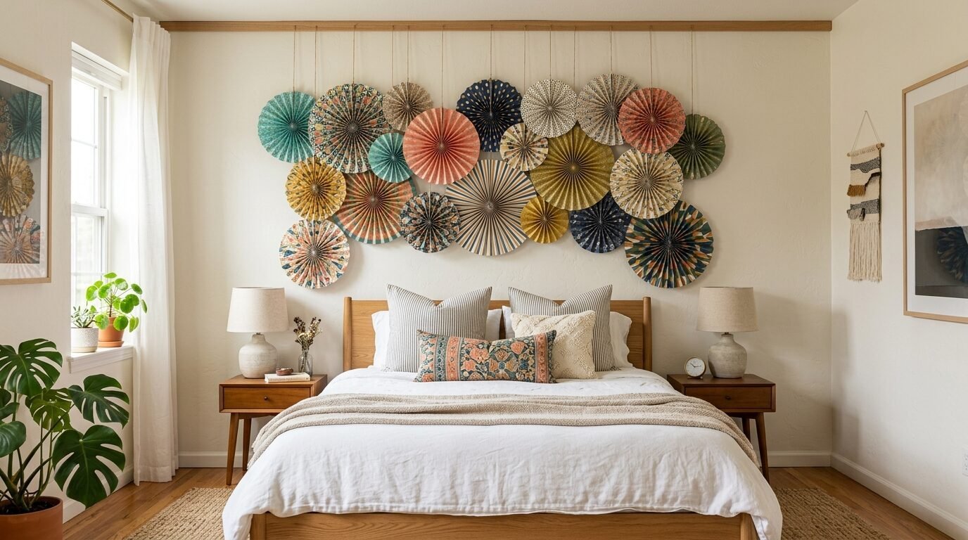 Group of vibrant patterned paper fans displayed as art above a wooden headboard in a modern bedroom.