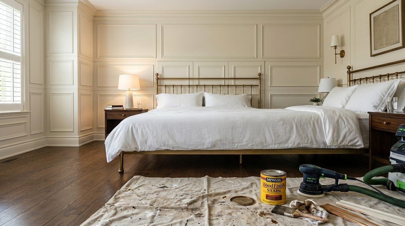 A can of Minwax wood stain, an orbital sander, and a brush sitting on a drop cloth in a bedroom with brass beds.