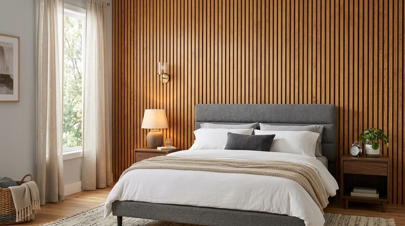 A grey upholstered bed set against a vertical wood slat wall with matching walnut nightstands and soft lighting.