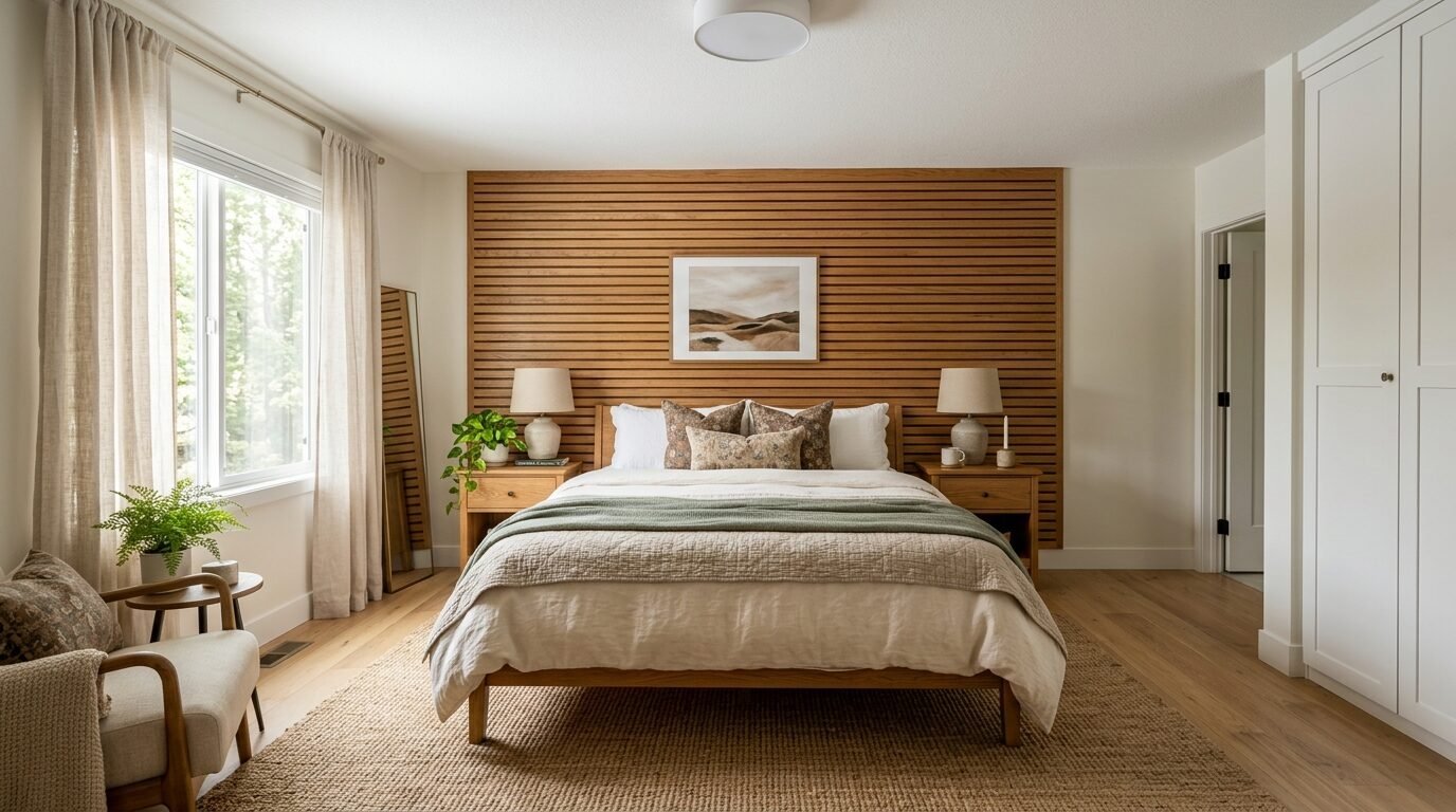 Spacious bedroom with light oak hardwood floors, a slatted wood headboard wall, and neutral bedding with green accents.