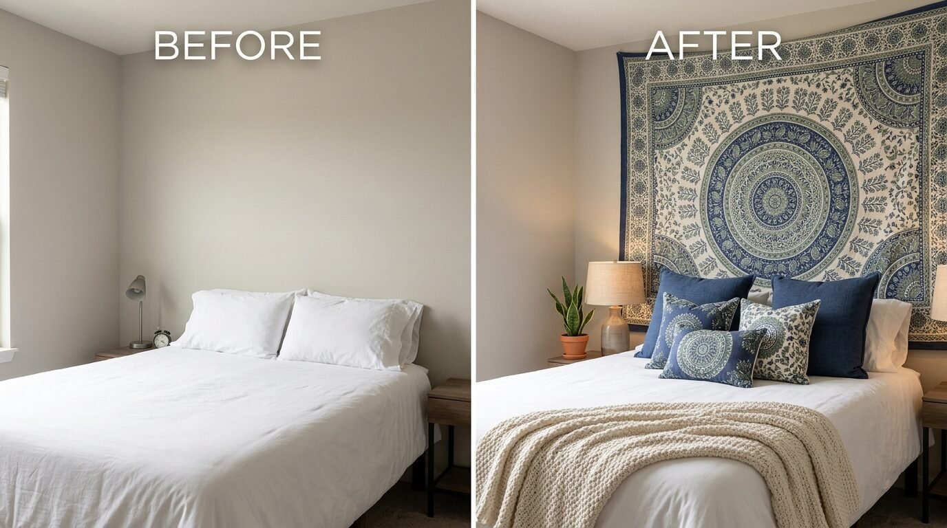 Comparison of a plain bedroom wall versus the same space styled with a blue mandala tapestry and decorative pillows.