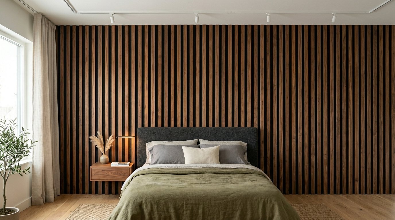A bedroom with an olive green bed and a floating nightstand against a floor-to-ceiling wooden slat feature wall.
