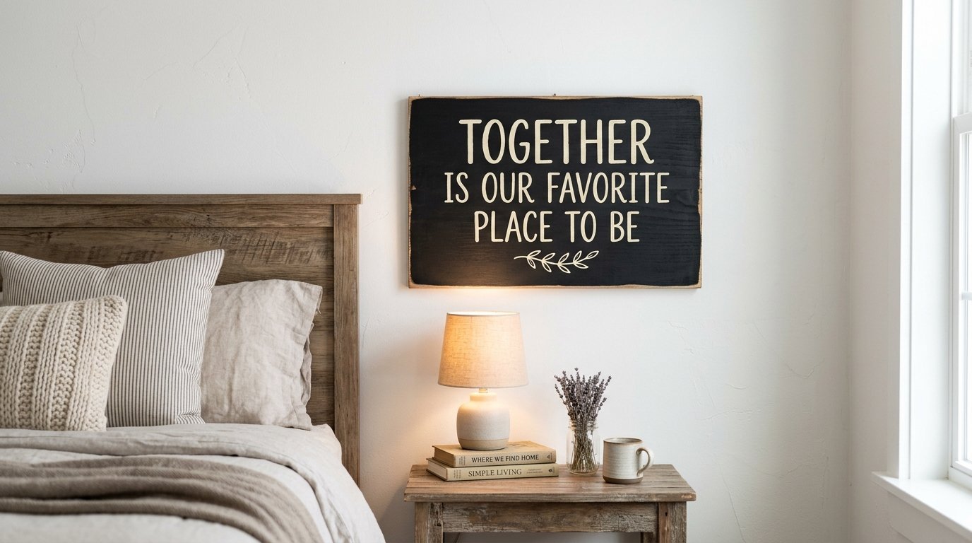 A wooden sign reading Together Is Our Favorite Place To Be hanging over a nightstand with a lamp and lavender.