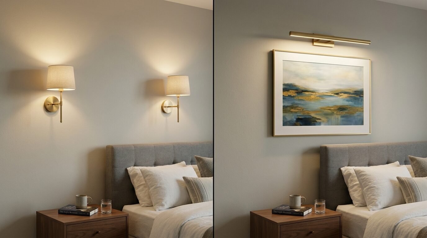 Split screen showing a bedroom with fabric sconces on the left and a framed painting with a brass light on the right.