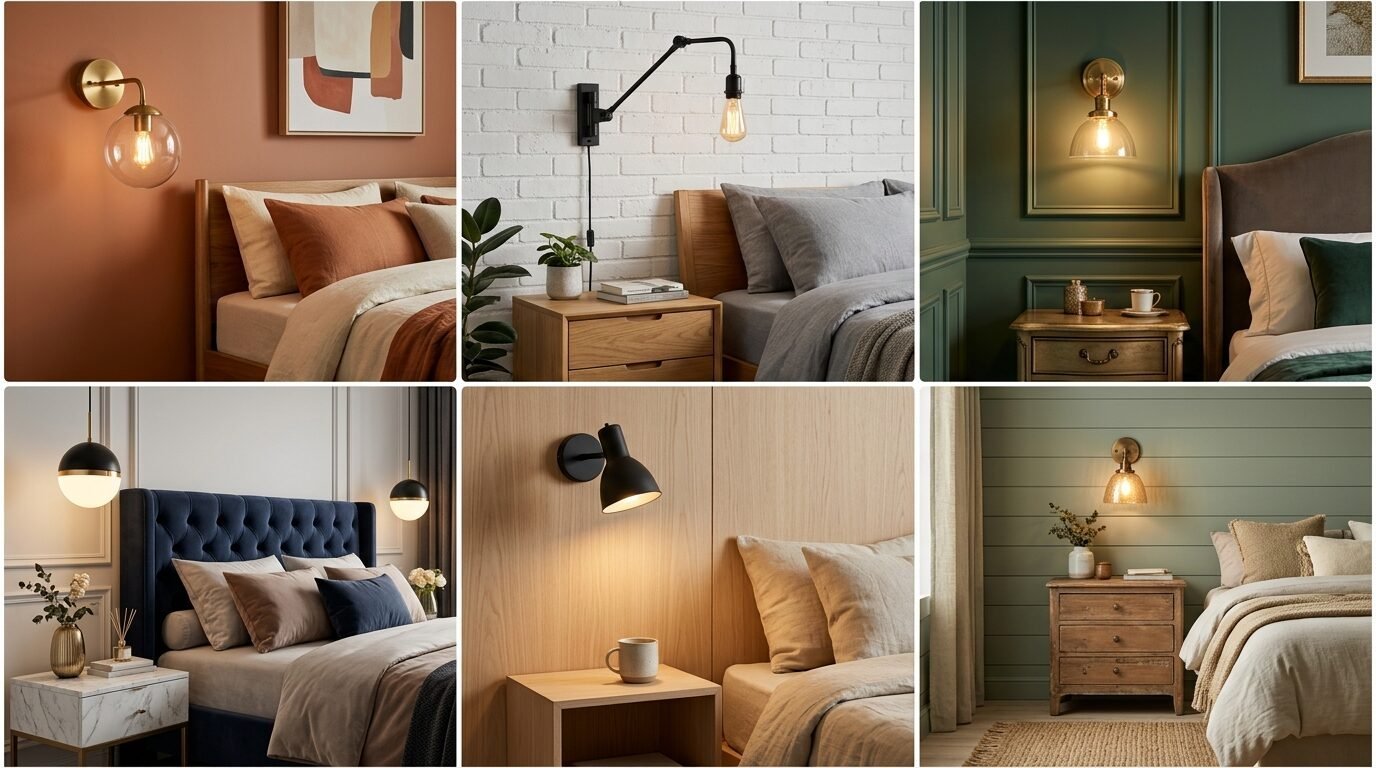 Collage of six different bedroom interiors showcasing various styles of wall-mounted lighting fixtures.