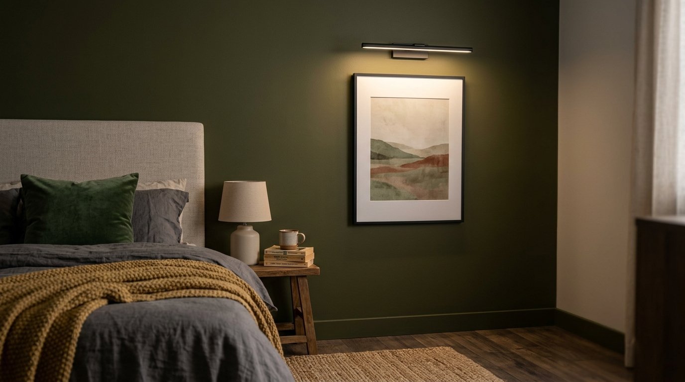 A sleek black picture light above framed wall art on a dark green bedroom wall next to a cozy unmade bed.