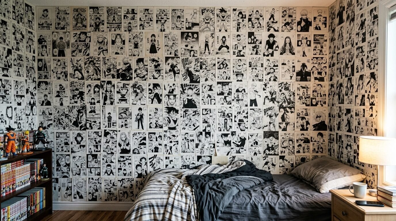 A bedroom with dark grey bedding and walls wallpapered in a collage of black and white Japanese comic book panels.