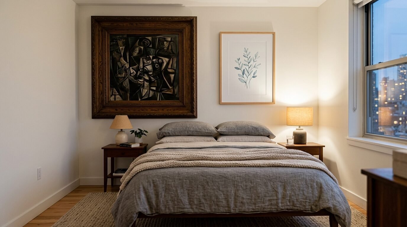 A bed with grey linens and a cream throw blanket sits between two wooden nightstands with lamps and framed artwork.