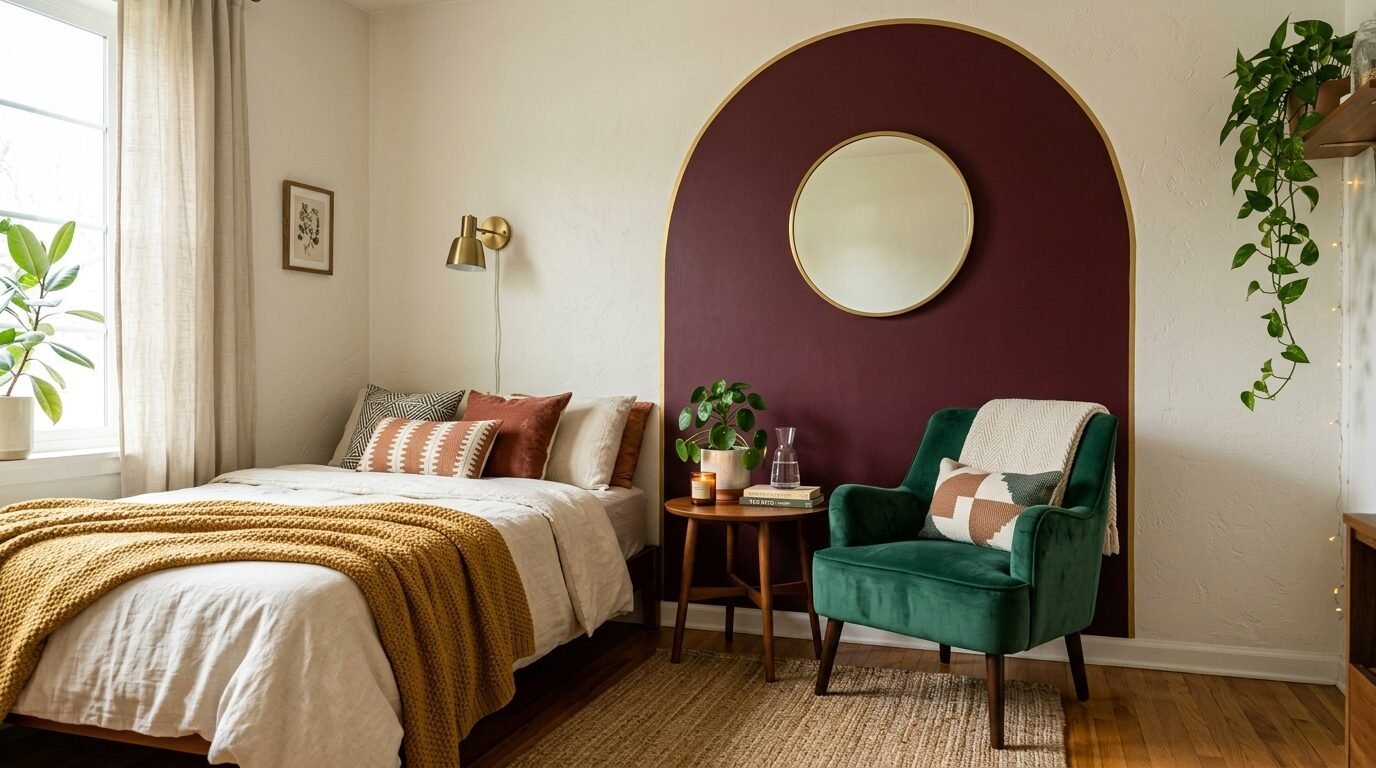 A bedroom corner with a bed, a green armchair, and a wall painted with a large burgundy arch and gold trim.