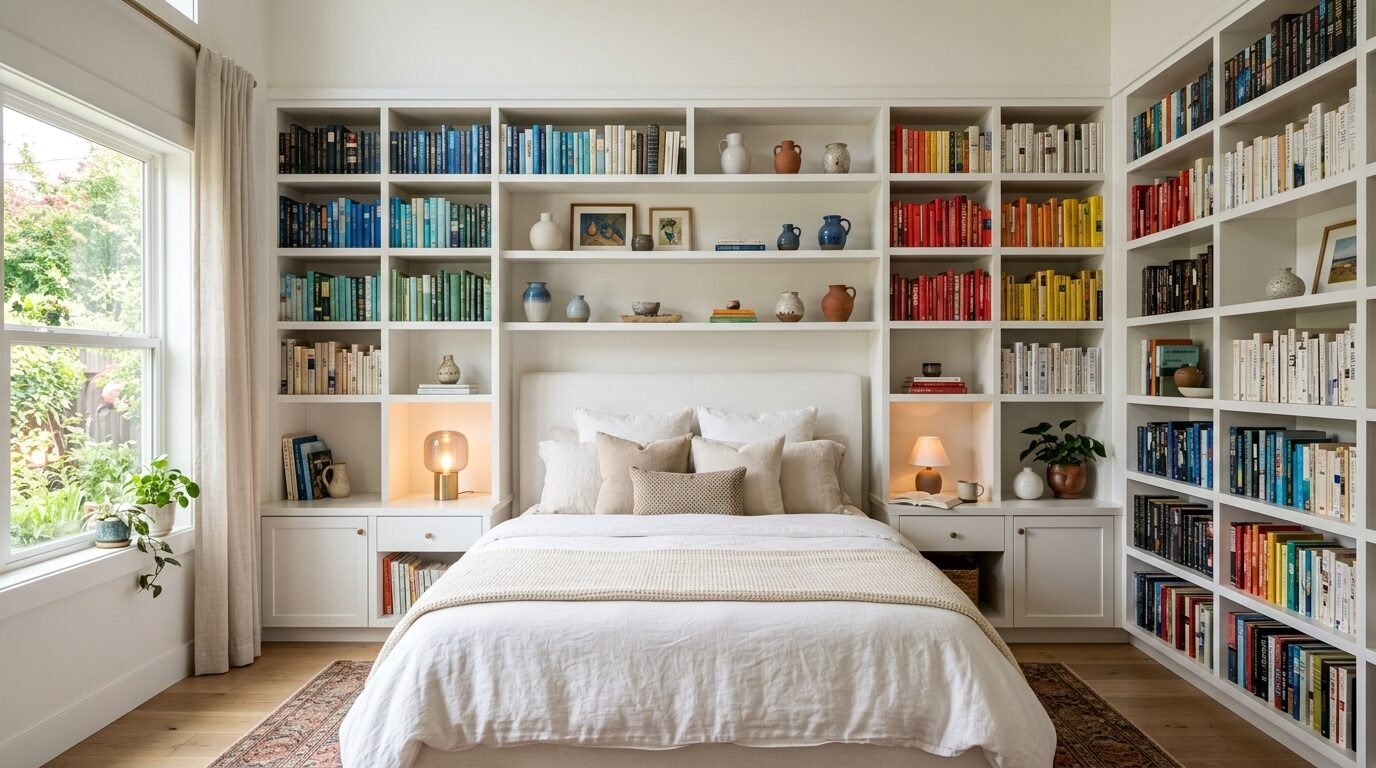 A bed centered in front of a white shelving unit filled with books arranged by color.