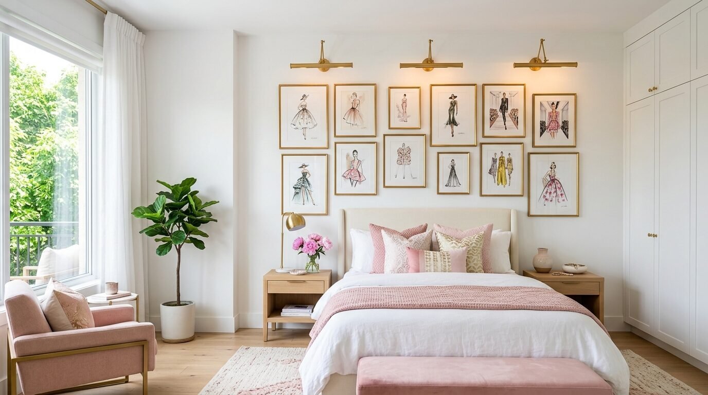Modern bedroom with pink accents and a collection of framed fashion sketches hanging above the beige headboard.