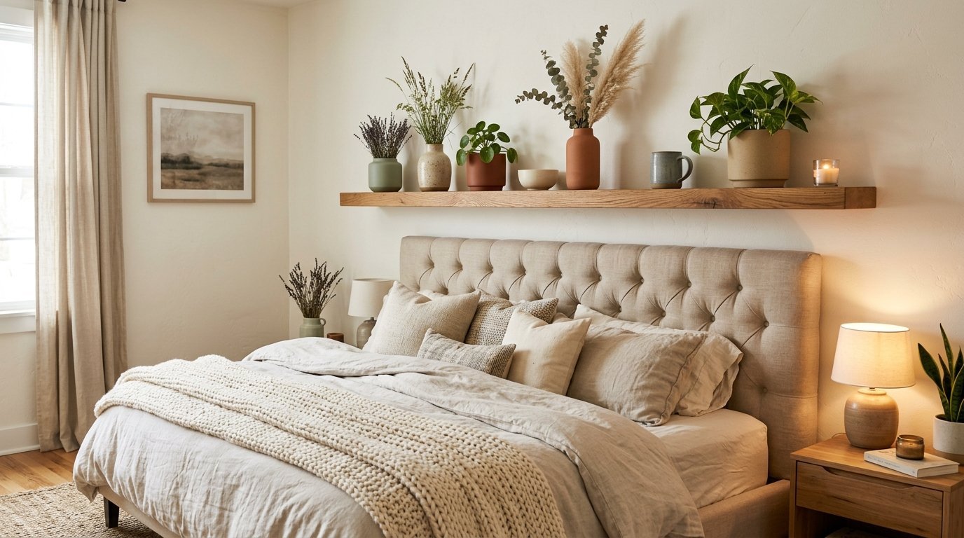 Neutral bedroom with a tufted headboard, linen bedding, and a floating shelf styled with plants and dried flowers.