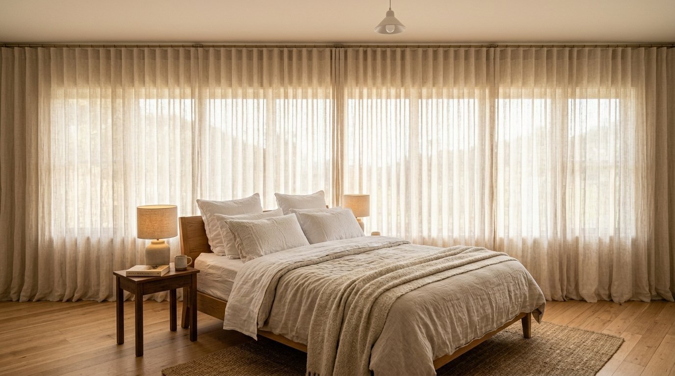 A wooden bed with neutral-toned linens sits in front of a wide window covered by long, translucent sheer curtains.