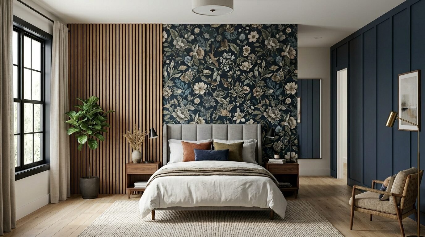 A bedroom with a gray upholstered headboard centered against dark floral wallpaper and vertical wood slat paneling.