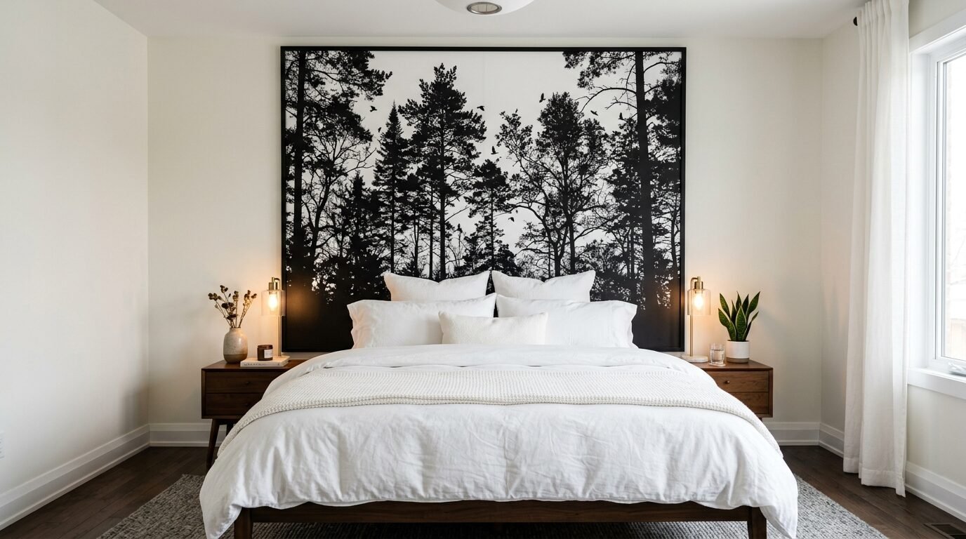 A white bed centered in front of a dramatic wall mural depicting a dense pine forest silhouette.