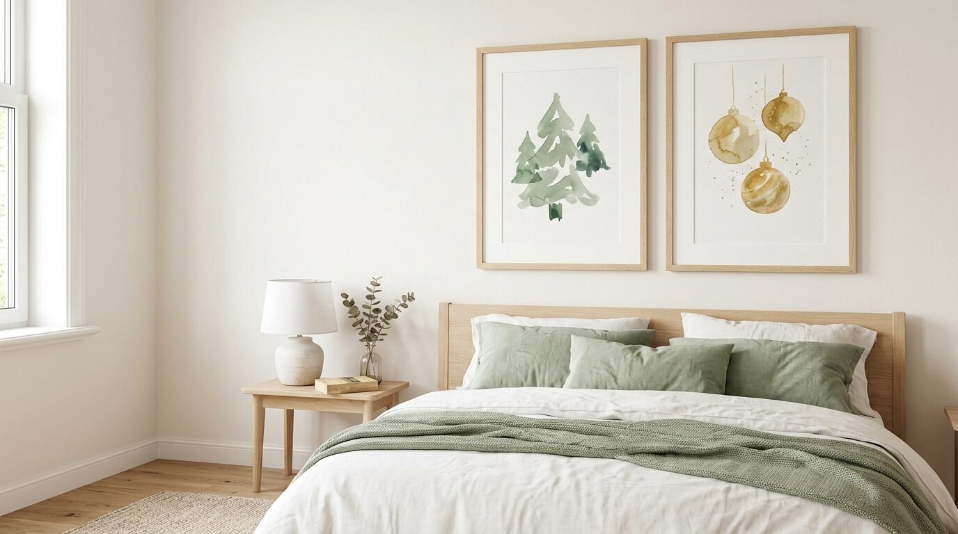 A cozy bedroom with a green throw blanket and two framed holiday paintings of trees and gold ornaments hanging above.