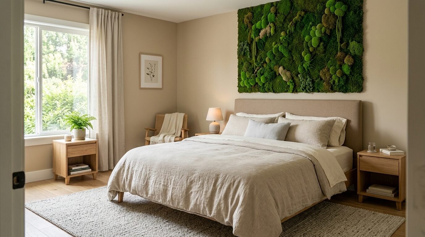 Modern bedroom with neutral tones, wooden nightstands, and a large, textured green moss art piece above the headboard.