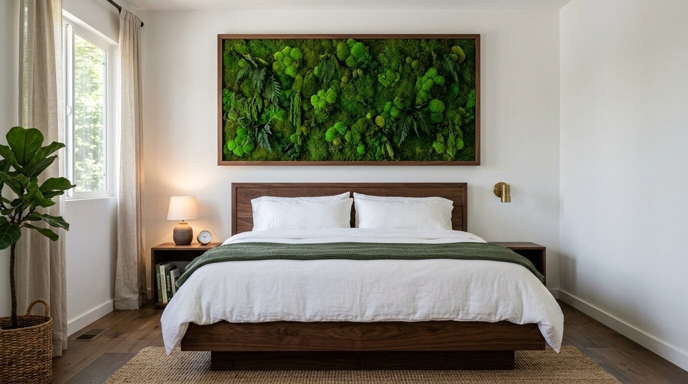 Modern wooden platform bed centered beneath a vibrant green rectangular preserved moss art piece.