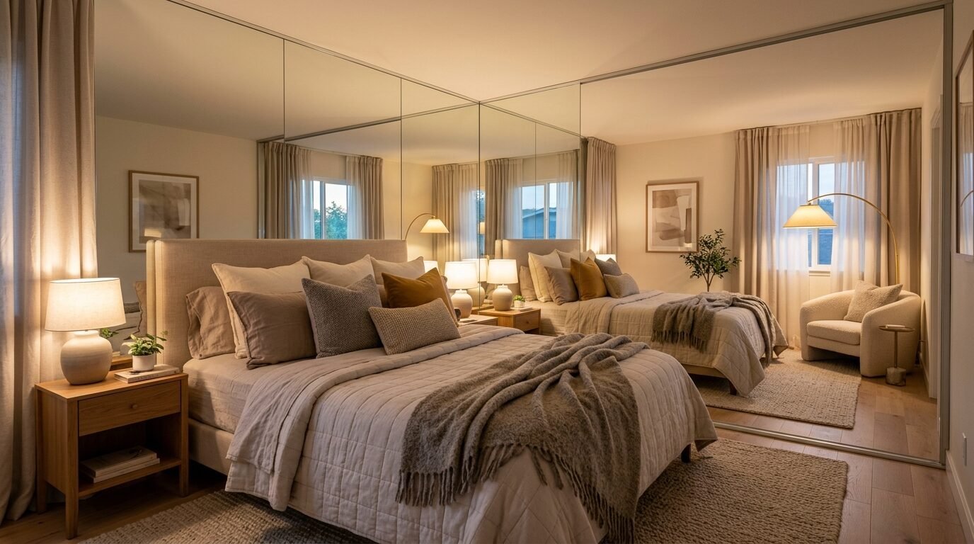 Reflective wall panels behind a cozy queen bed with textured bedding and bedside lamps.
